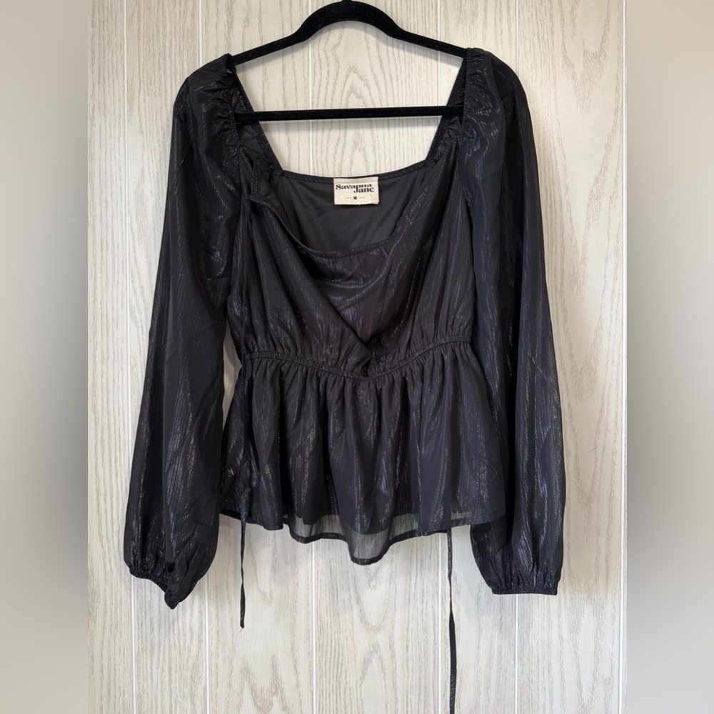 Savanna Jane Black Shiny Metallic Boho Festival Blouse Size M LNC
